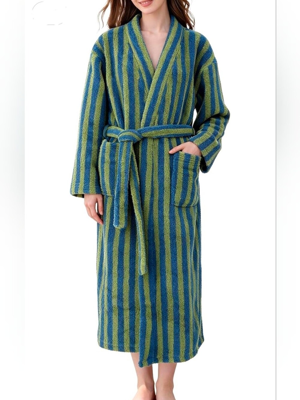 NWT Fluffy Fleece Bath Robe M Womens Striped Blue Green Extra Soft Warm Bathrobe